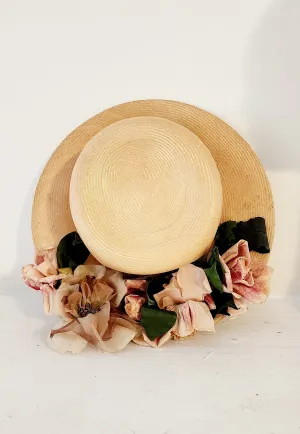 50s Beige Straw Hat with Pastel Flowers Wide Brim by Chez Original