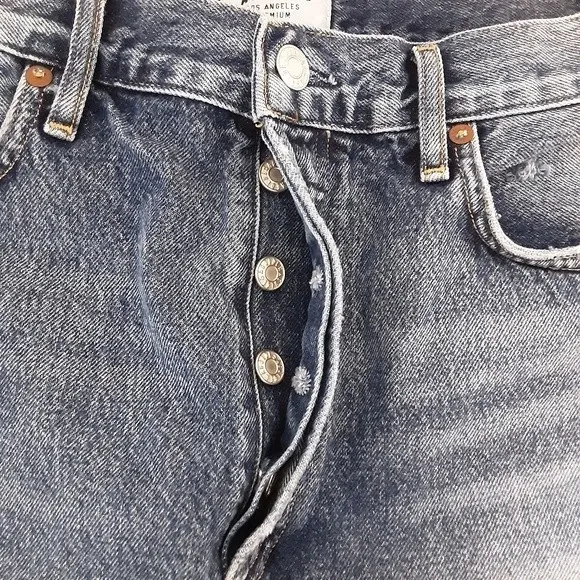 Agolde Los Angeles Quinn High Rise Medium Wash Distressed Denim Mini Skirt US 30