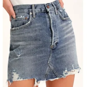 Agolde Los Angeles Quinn High Rise Medium Wash Distressed Denim Mini Skirt US 30