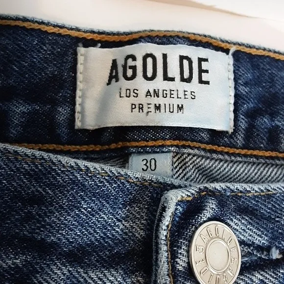 Agolde Los Angeles Quinn High Rise Medium Wash Distressed Denim Mini Skirt US 30