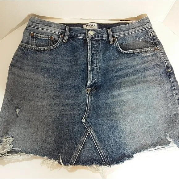 Agolde Los Angeles Quinn High Rise Medium Wash Distressed Denim Mini Skirt US 30