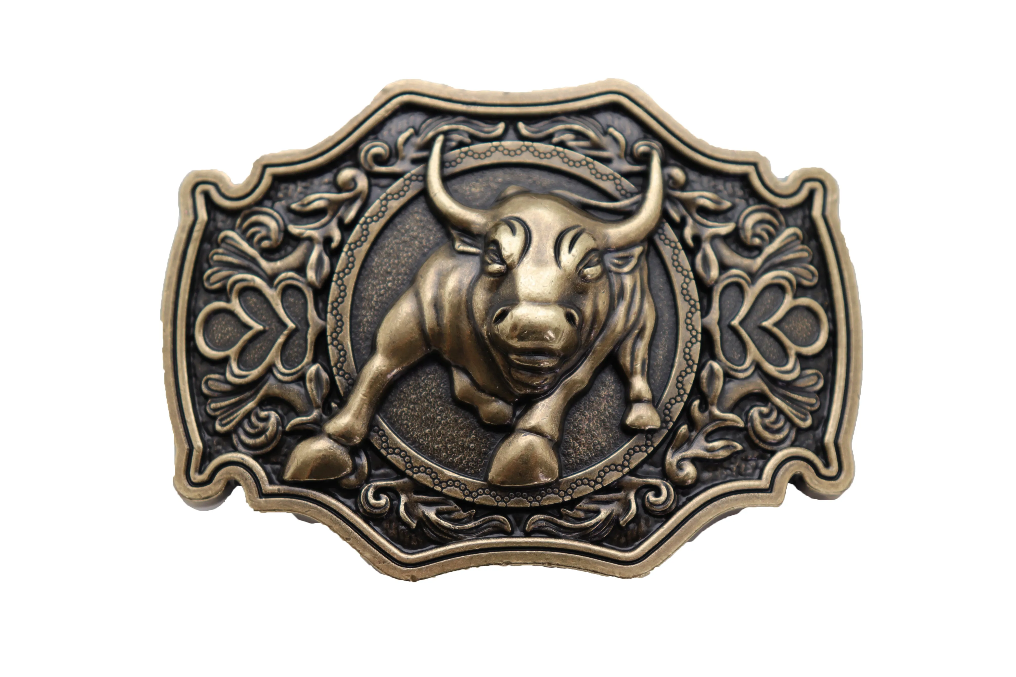 Antique Gold Metal Belt Buckle Cowboys Western Fashion Bull Rodeo Filigree