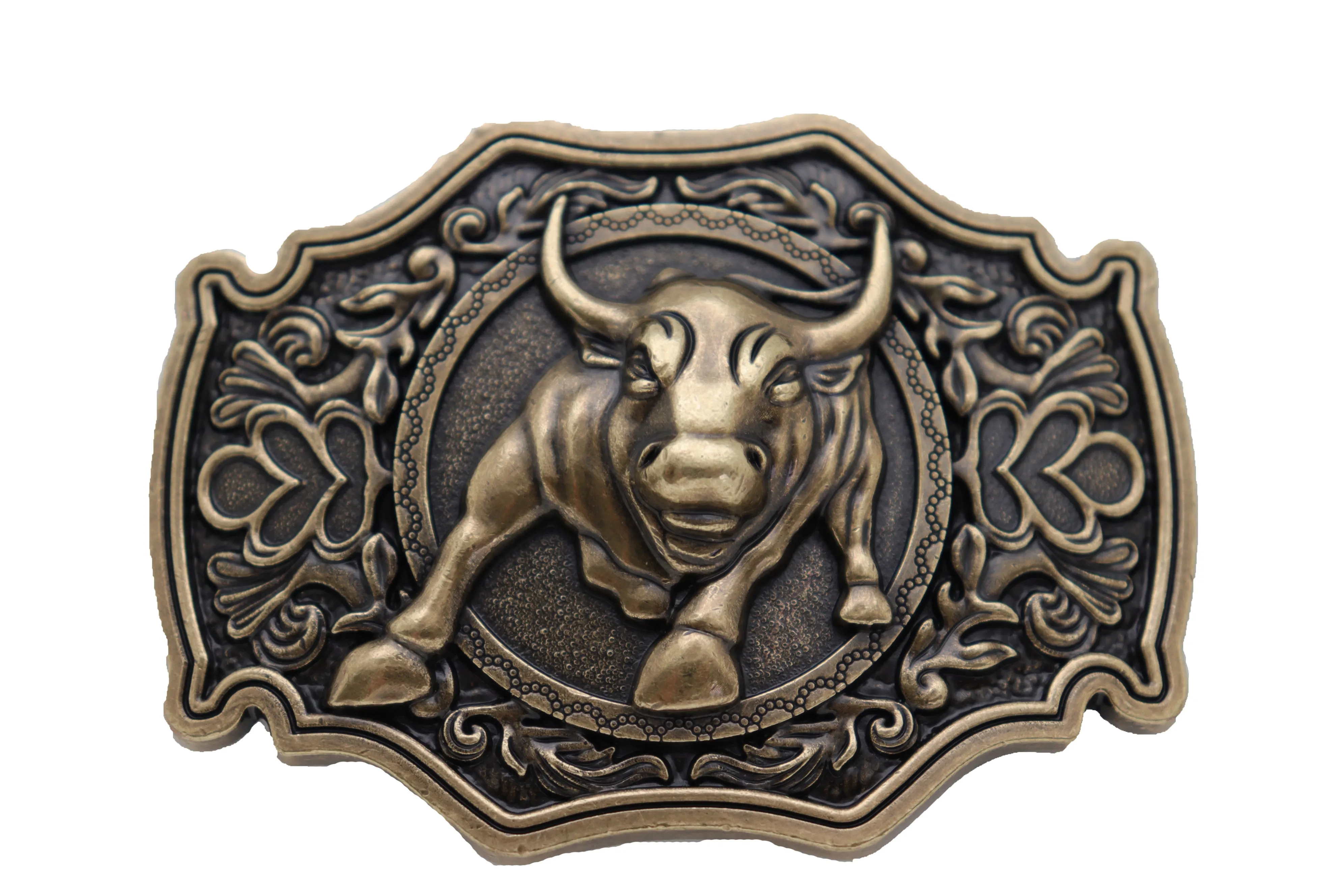 Antique Gold Metal Belt Buckle Cowboys Western Fashion Bull Rodeo Filigree