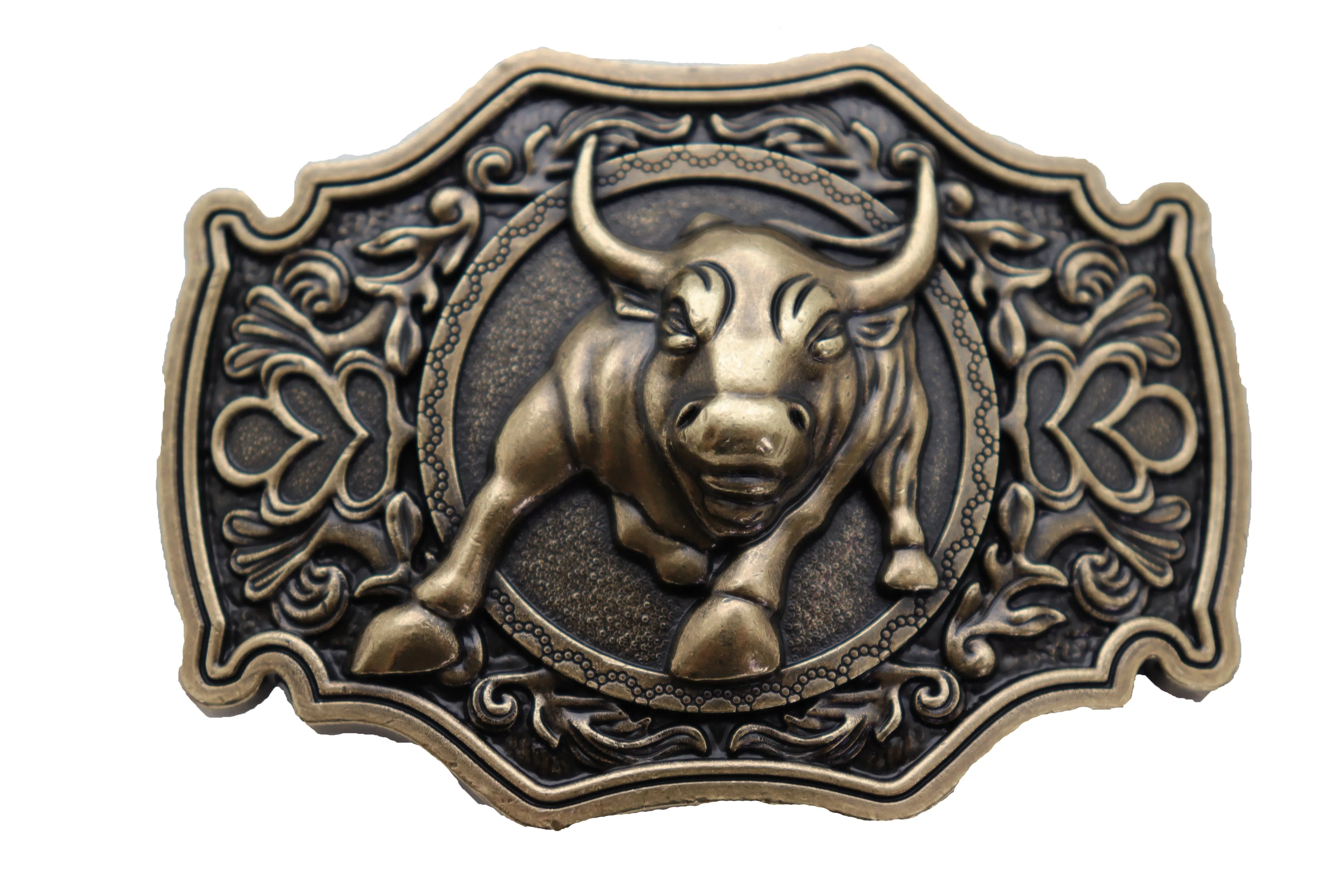 Antique Gold Metal Belt Buckle Cowboys Western Fashion Bull Rodeo Filigree