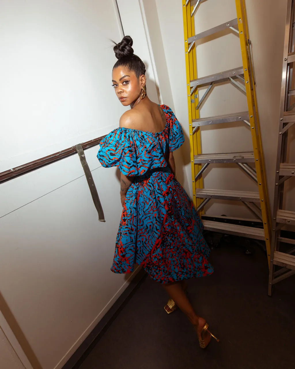 AQUA & ORANGE OFF THE SHOULDER DRESS