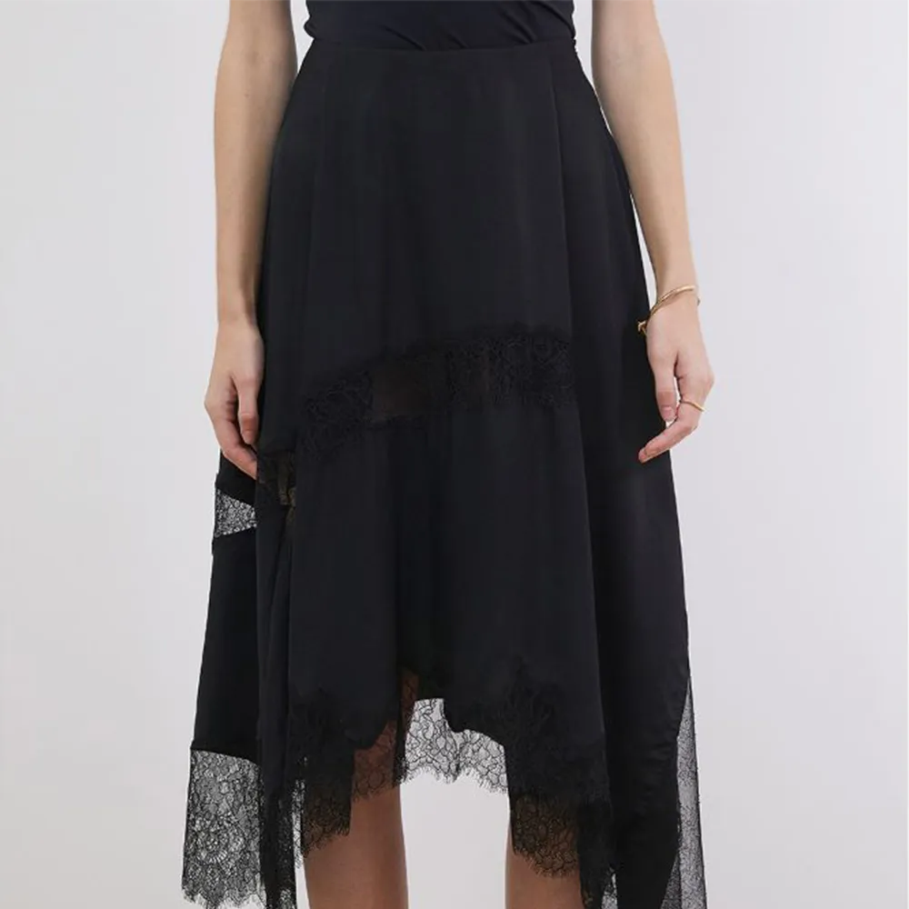 Asymmetric Lace Trimmed Midi Skirt