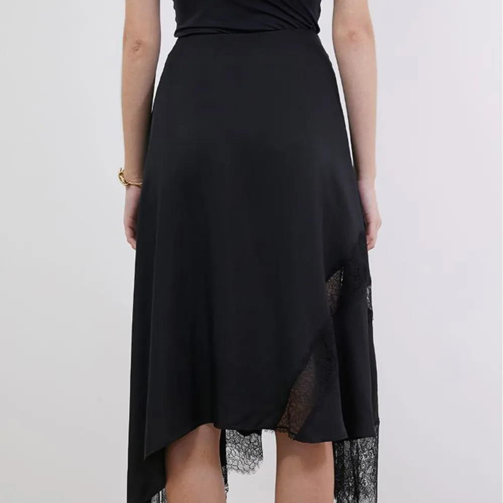Asymmetric Lace Trimmed Midi Skirt