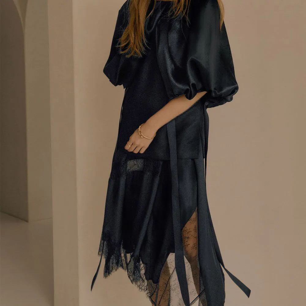 Asymmetric Lace Trimmed Midi Skirt
