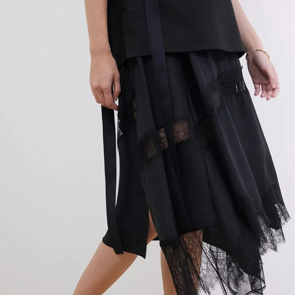Asymmetric Lace Trimmed Midi Skirt