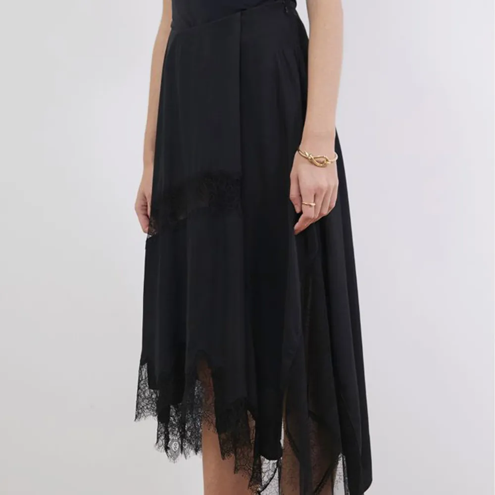Asymmetric Lace Trimmed Midi Skirt