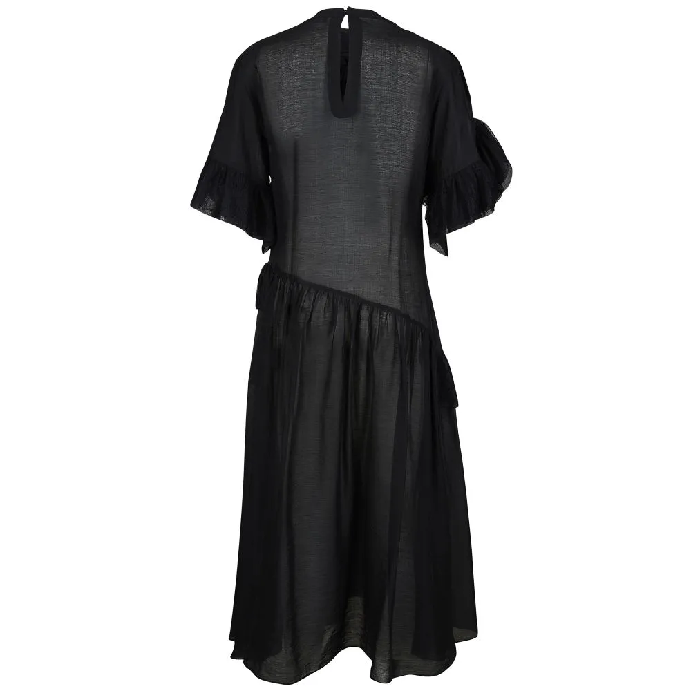 Asymmetric Ruffled And Lace Trimmed Sheer Chiffon Dress