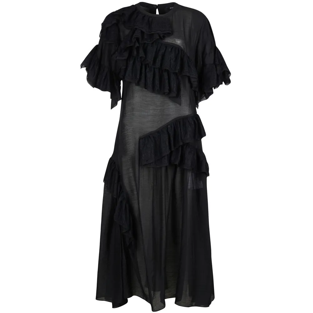 Asymmetric Ruffled And Lace Trimmed Sheer Chiffon Dress