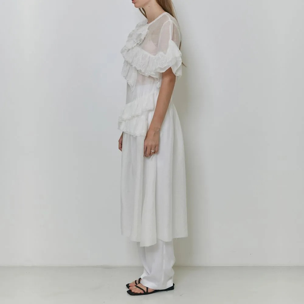 Asymmetric Ruffled And Lace Trimmed Sheer Chiffon Dress