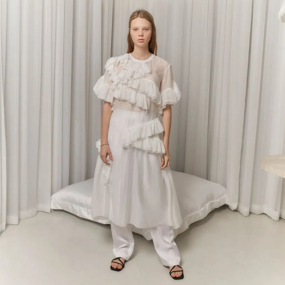 Asymmetric Ruffled And Lace Trimmed Sheer Chiffon Dress