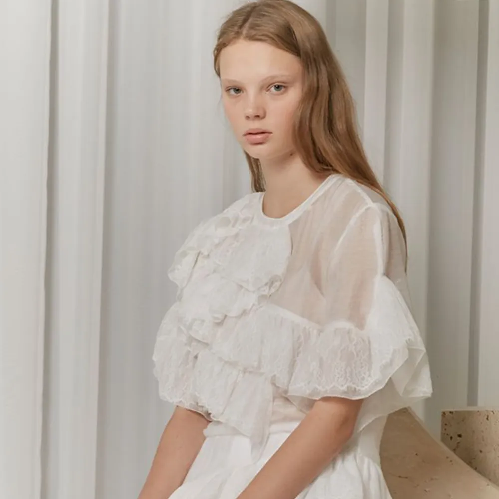 Asymmetric Ruffled And Lace Trimmed Sheer Chiffon Dress