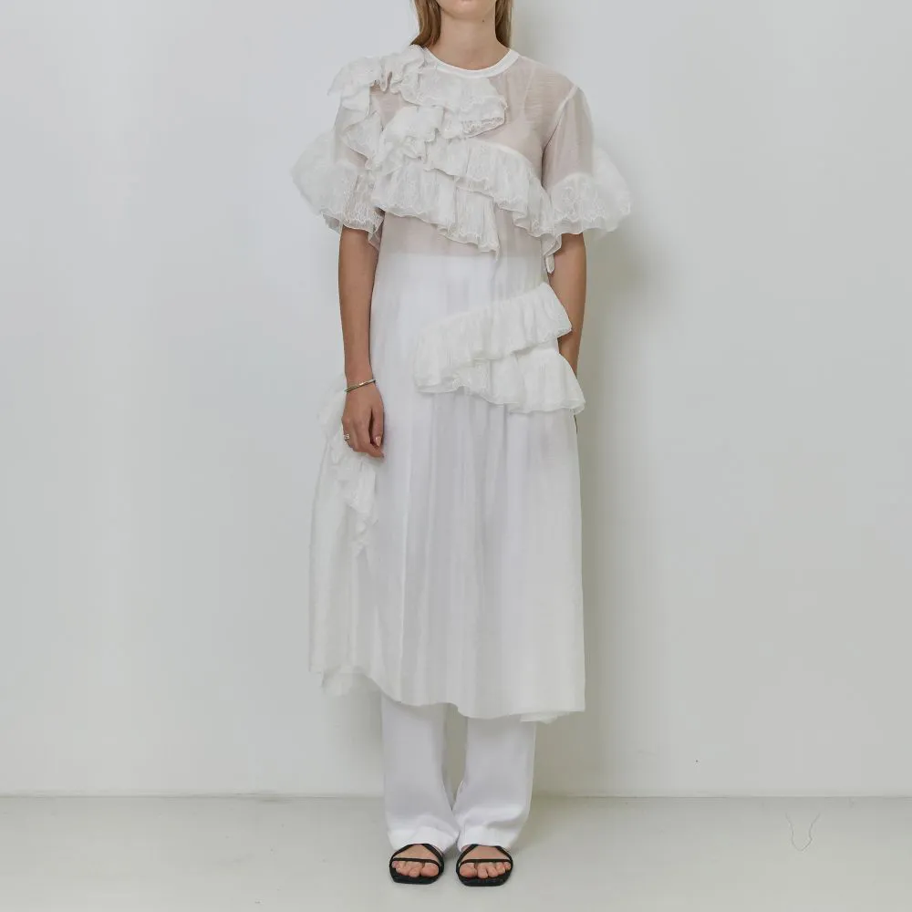 Asymmetric Ruffled And Lace Trimmed Sheer Chiffon Dress