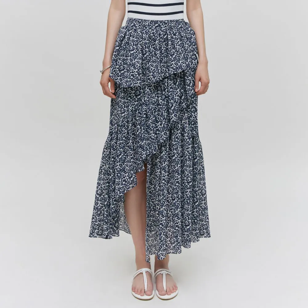 Asymmetric Ruffled Floral Print Gathered Midi Skirt