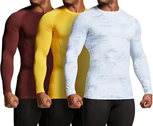 ATHLIO Men's UPF 50  Long Sleeve Compression Shirts, Water Sports Rash Guard Base Layer, Athletic Workout Shirt, 3pack Arctic Camo/Brick/Yellow