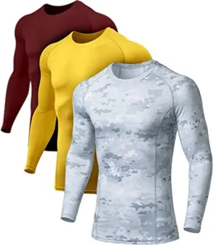 ATHLIO Men's UPF 50  Long Sleeve Compression Shirts, Water Sports Rash Guard Base Layer, Athletic Workout Shirt, 3pack Arctic Camo/Brick/Yellow
