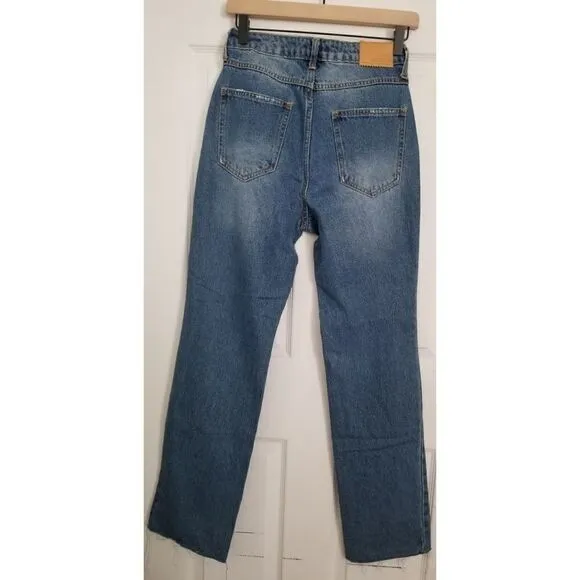 Avec les Filles high waisted mom jeans distressed raw split hem