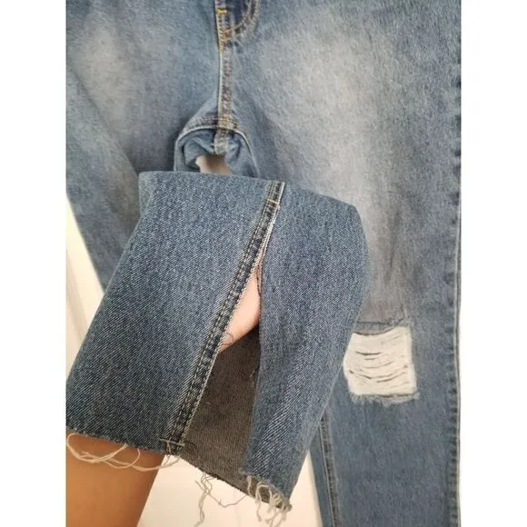 Avec les Filles high waisted mom jeans distressed raw split hem