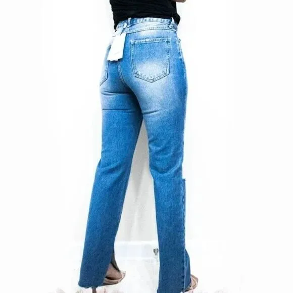 Avec les Filles high waisted mom jeans distressed raw split hem
