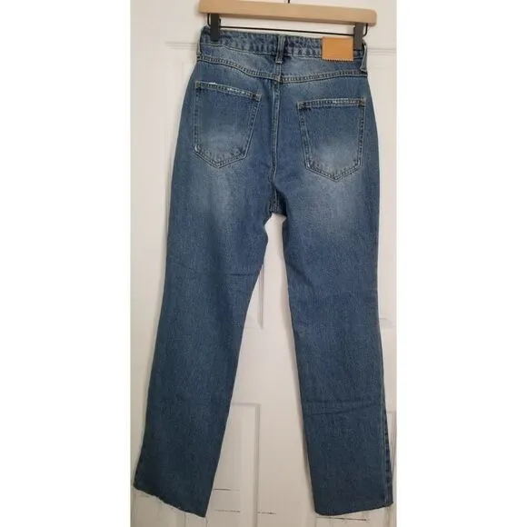 Avec les Filles high waisted mom jeans distressed raw split hem
