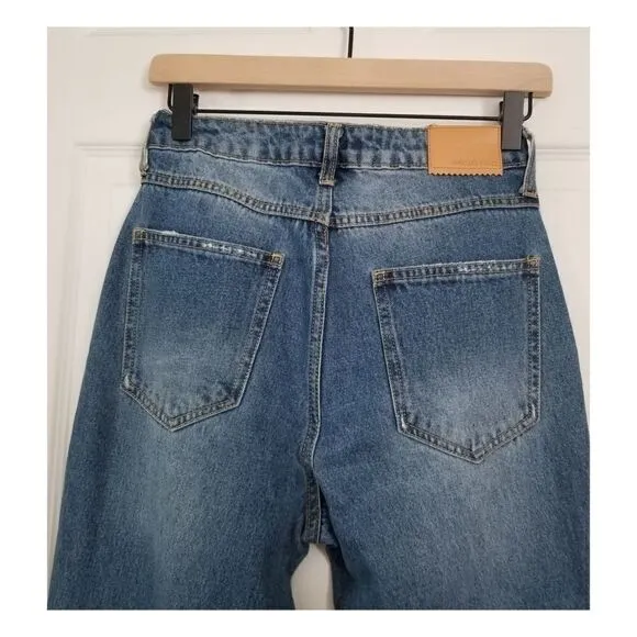 Avec les Filles high waisted mom jeans distressed raw split hem