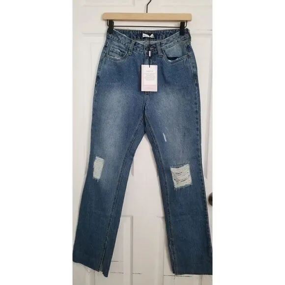 Avec les Filles high waisted mom jeans distressed raw split hem