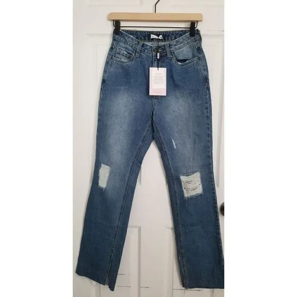Avec les Filles high waisted mom jeans distressed raw split hem