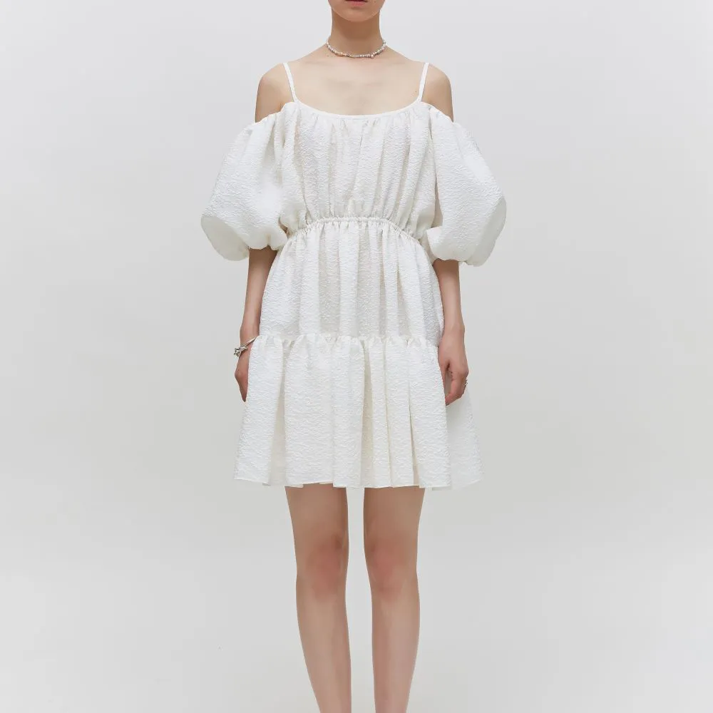 Balloon Sleeved Gathered Silk-Blend Matelasse Mini Dress
