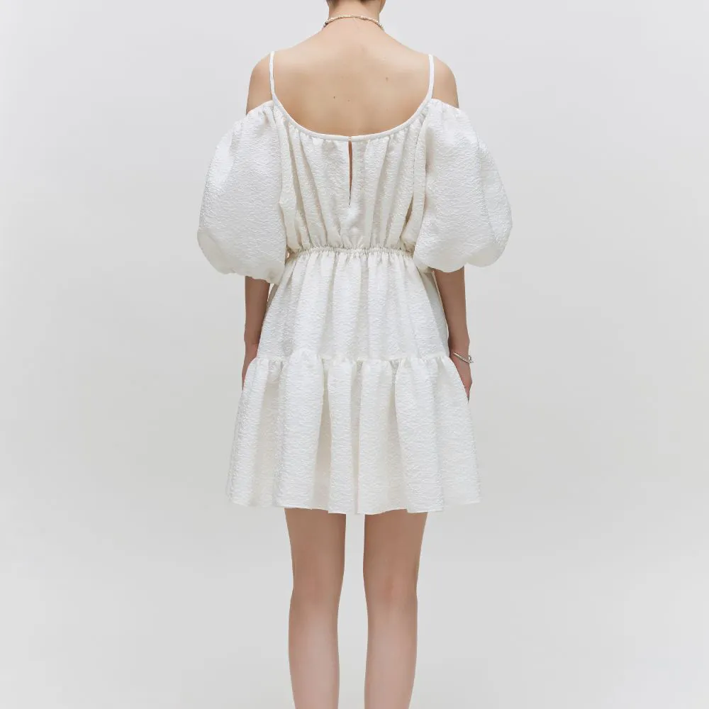 Balloon Sleeved Gathered Silk-Blend Matelasse Mini Dress