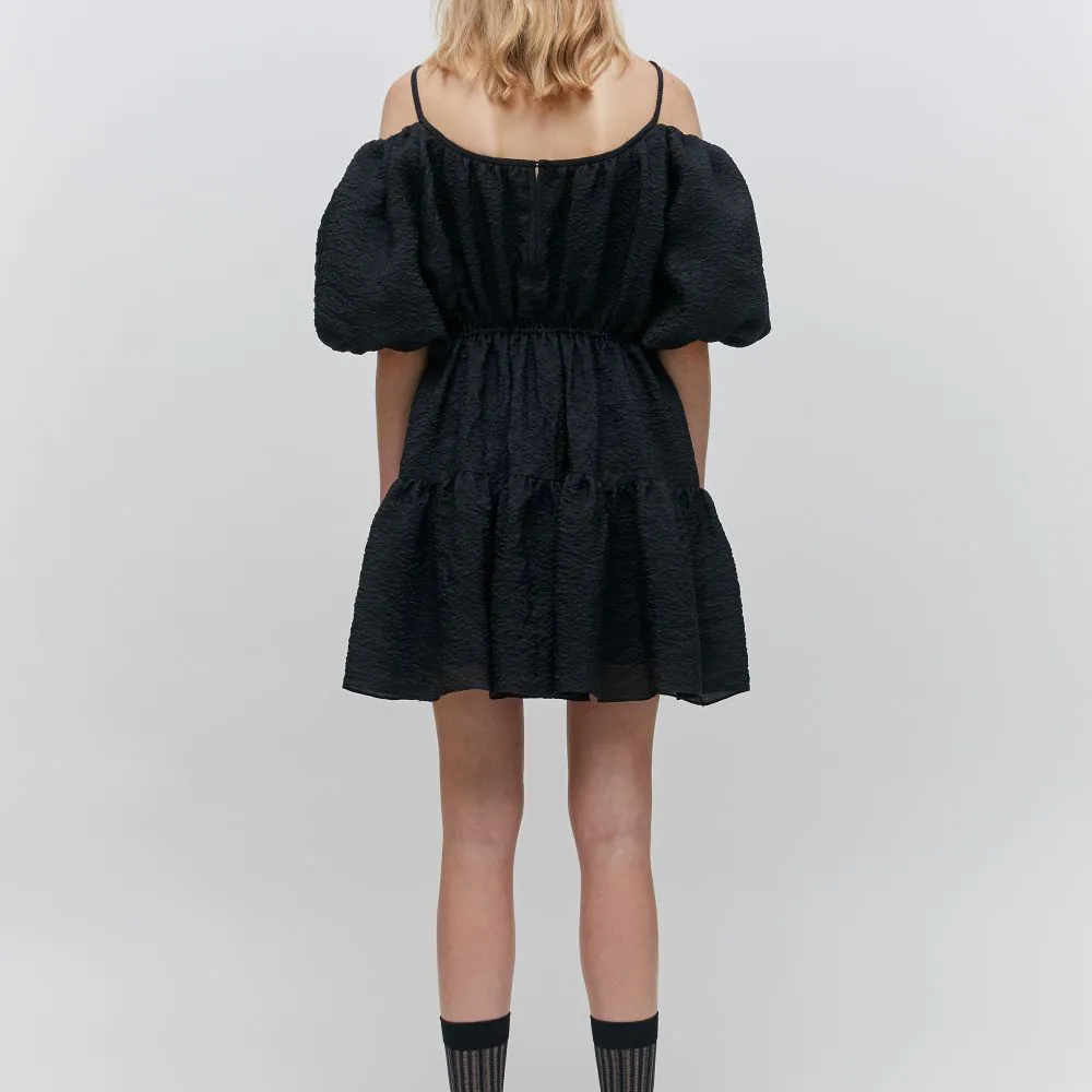 Balloon Sleeved Gathered Silk-Blend Matelasse Mini Dress