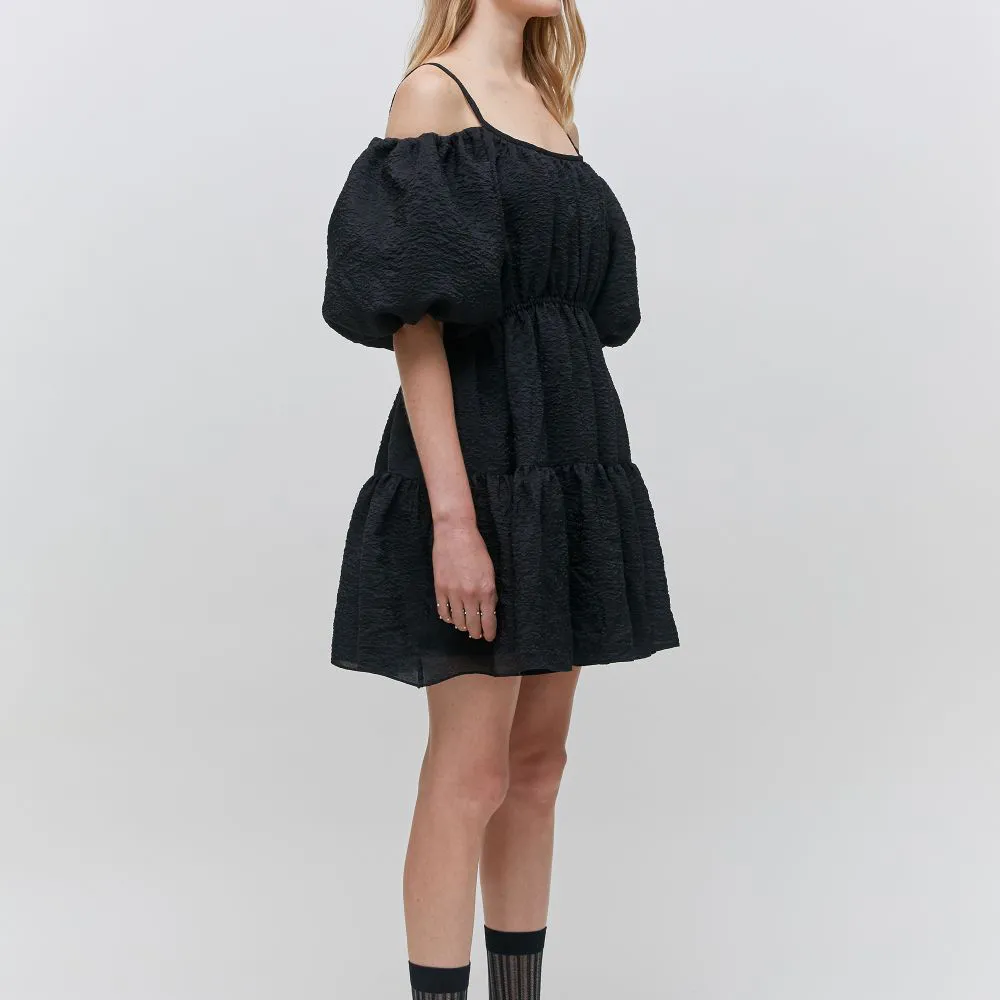 Balloon Sleeved Gathered Silk-Blend Matelasse Mini Dress
