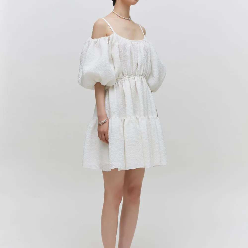 Balloon Sleeved Gathered Silk-Blend Matelasse Mini Dress