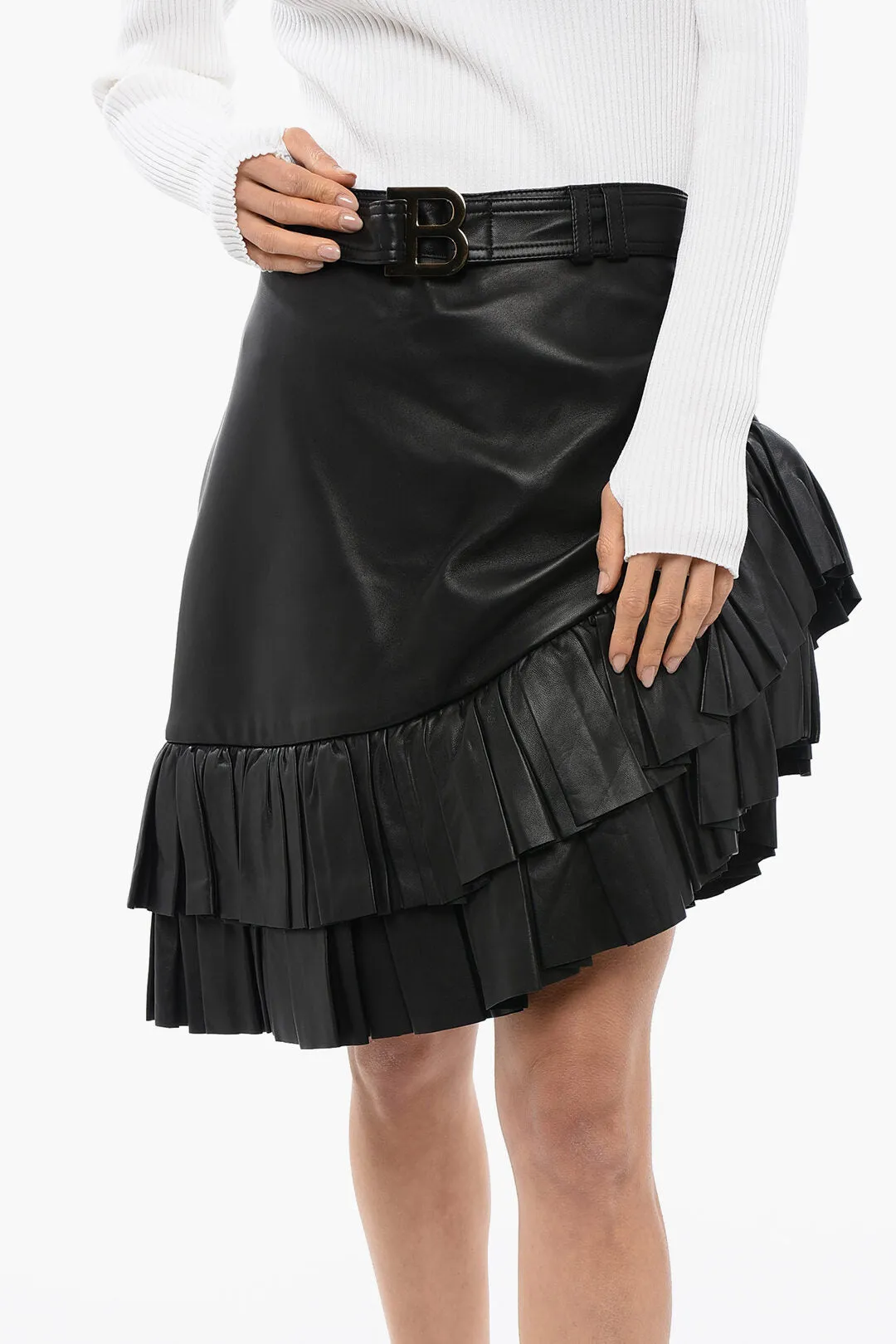 Balmain Asymmetric Leather Miniskirt with Logoed Belt