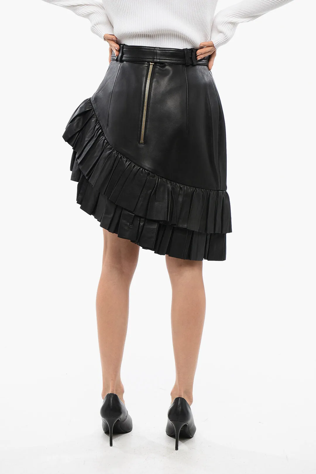 Balmain Asymmetric Leather Miniskirt with Logoed Belt