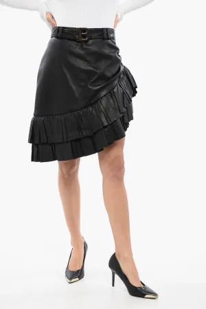 Balmain Asymmetric Leather Miniskirt with Logoed Belt