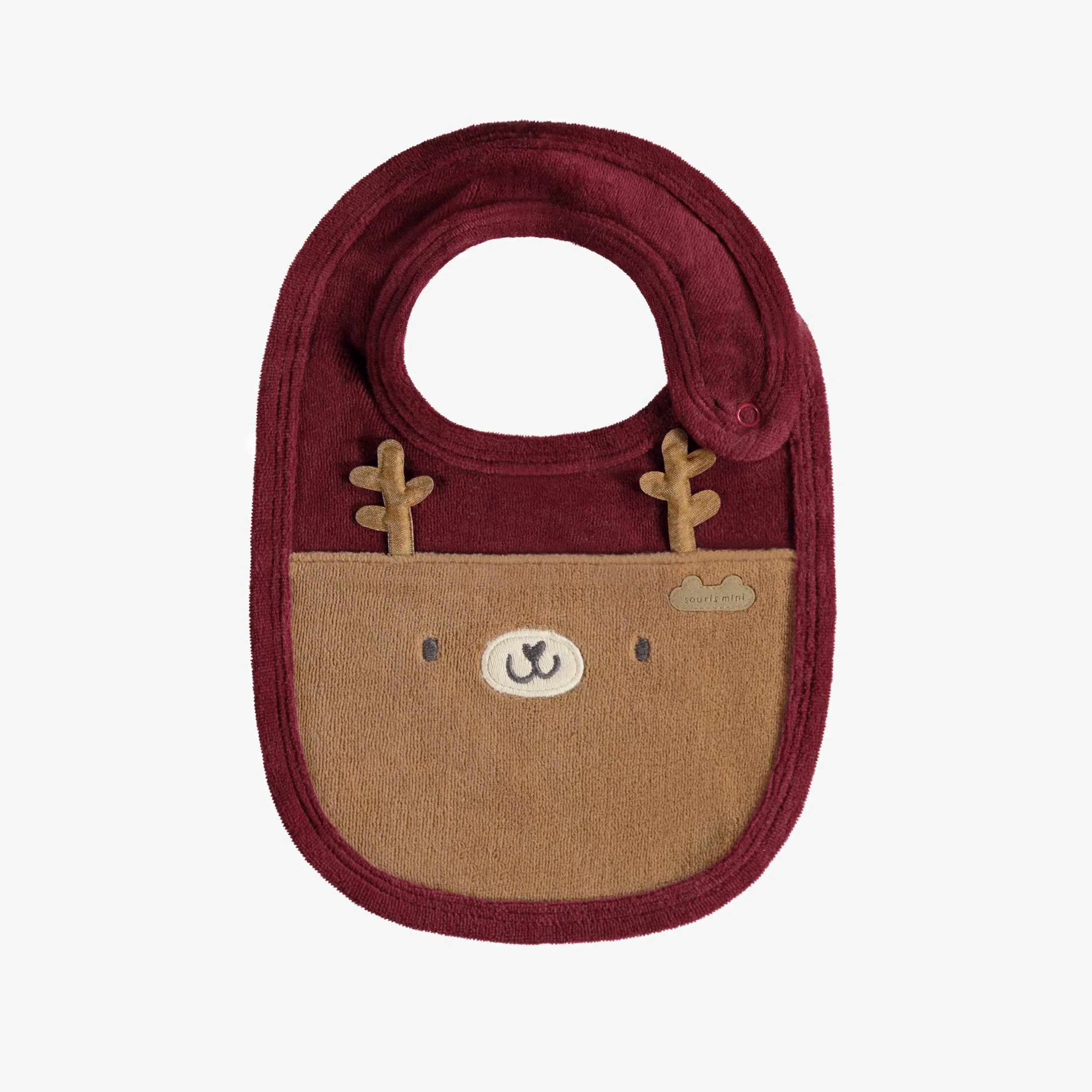 Bavoir rouge avec visage de renne en velours, naissance || Red bib with reindeer face in velvet, newborn