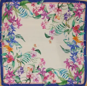 Beautiful Italian Silk Scarf – Small White Como Silk Scarf, Blue & Pink Accents, Made in Italy, 19.5" Square, Rolled Edges