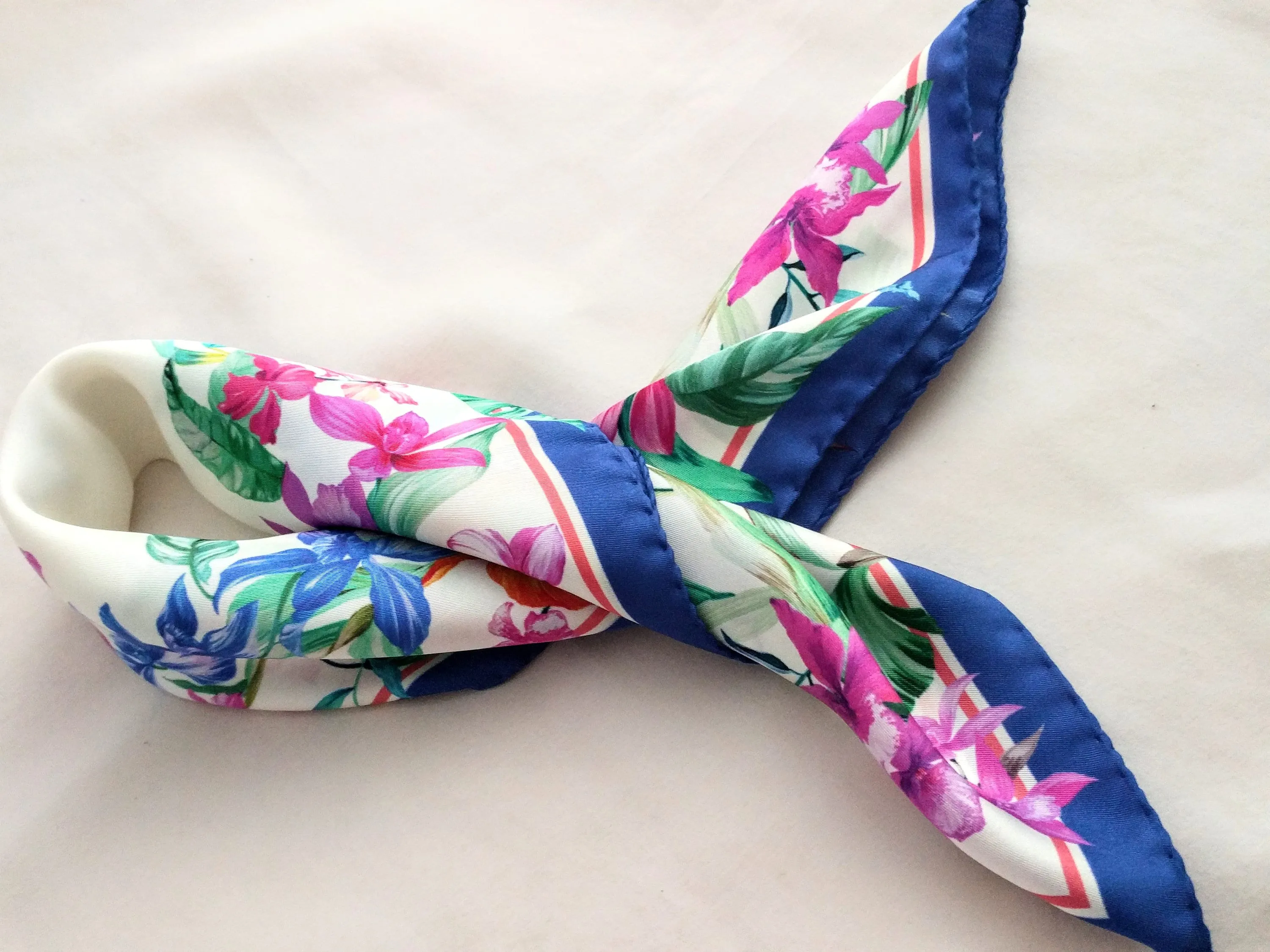 Beautiful Italian Silk Scarf – Small White Como Silk Scarf, Blue & Pink Accents, Made in Italy, 19.5" Square, Rolled Edges