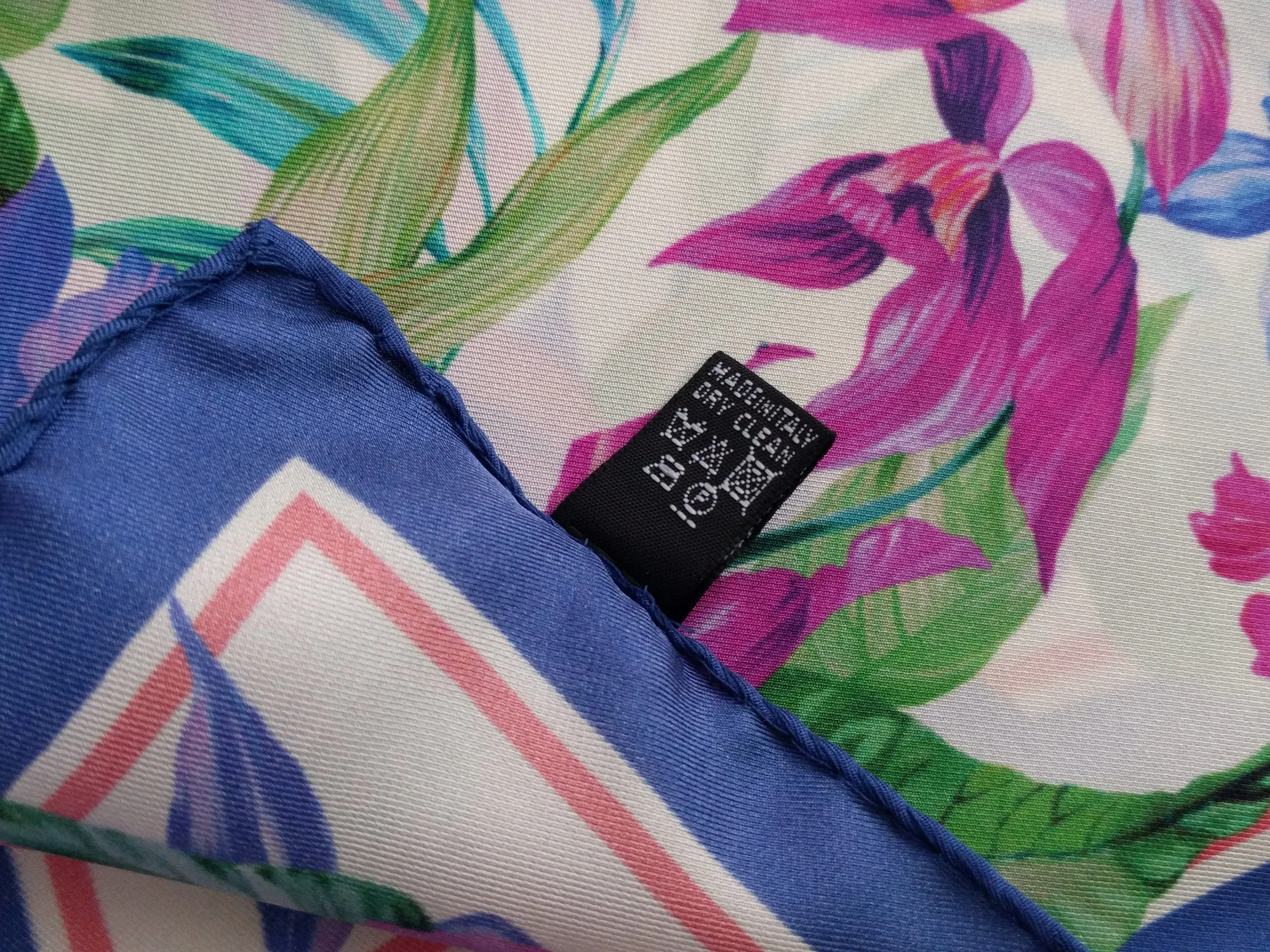 Beautiful Italian Silk Scarf – Small White Como Silk Scarf, Blue & Pink Accents, Made in Italy, 19.5" Square, Rolled Edges