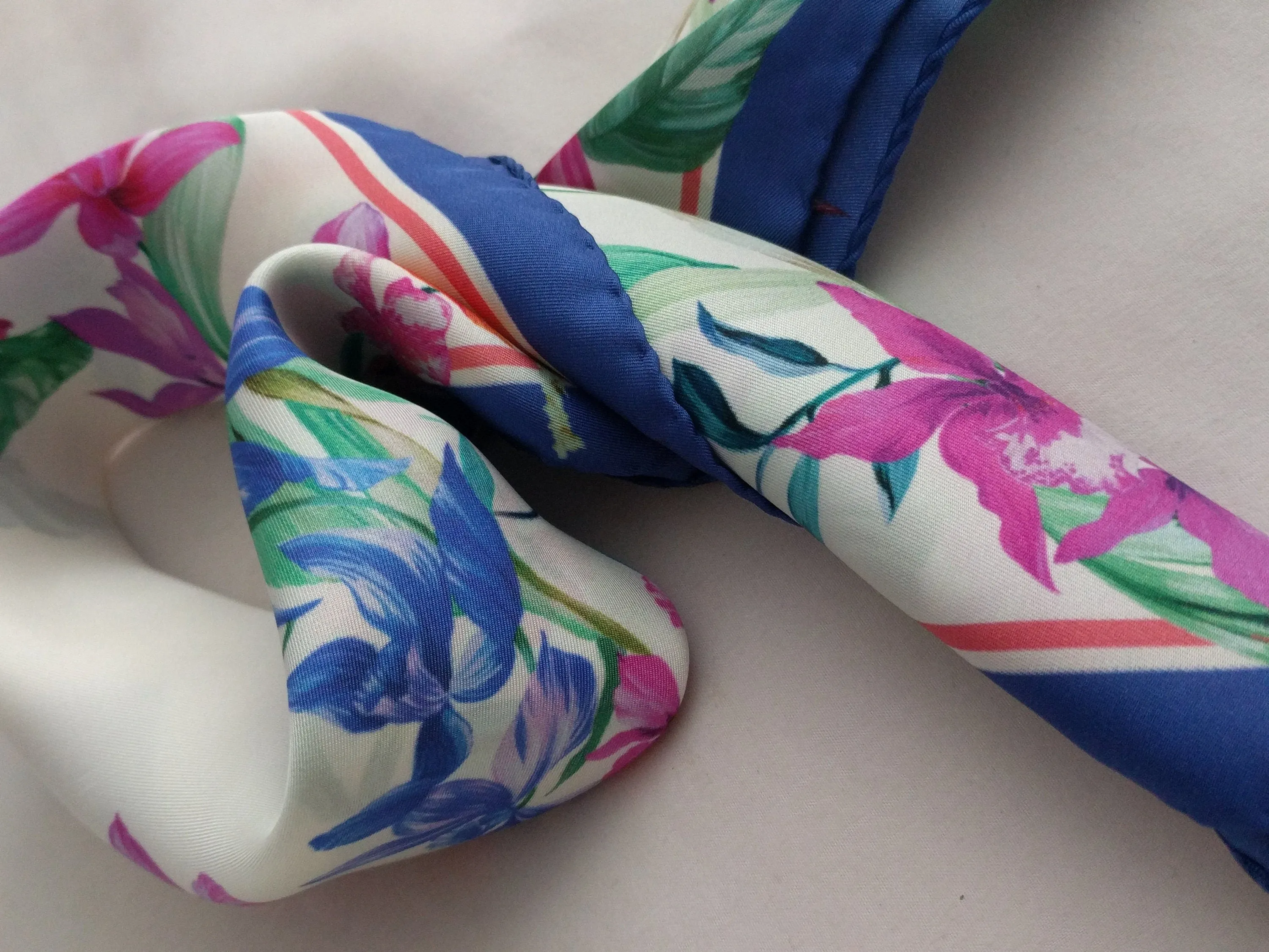 Beautiful Italian Silk Scarf – Small White Como Silk Scarf, Blue & Pink Accents, Made in Italy, 19.5" Square, Rolled Edges