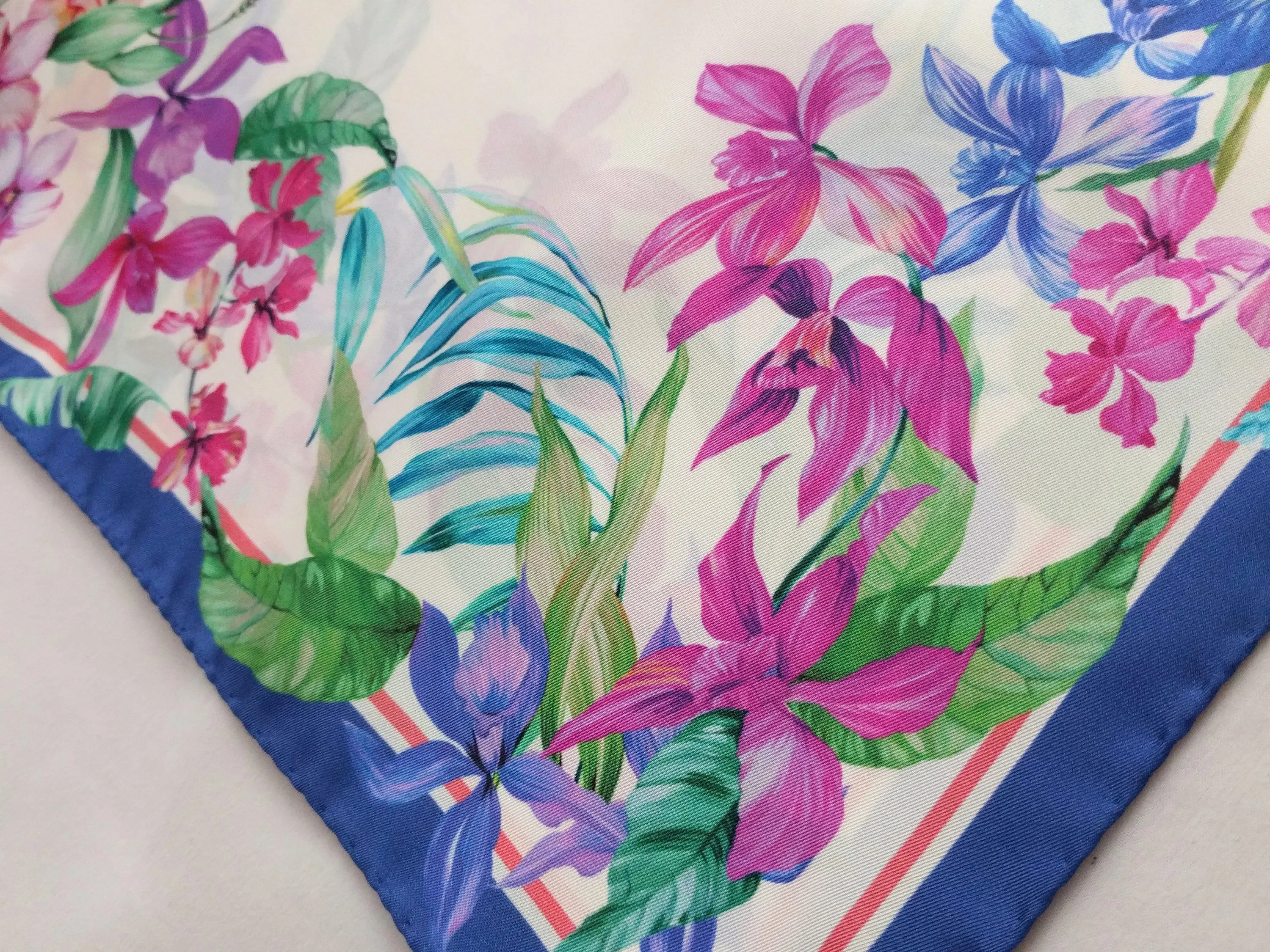 Beautiful Italian Silk Scarf – Small White Como Silk Scarf, Blue & Pink Accents, Made in Italy, 19.5" Square, Rolled Edges
