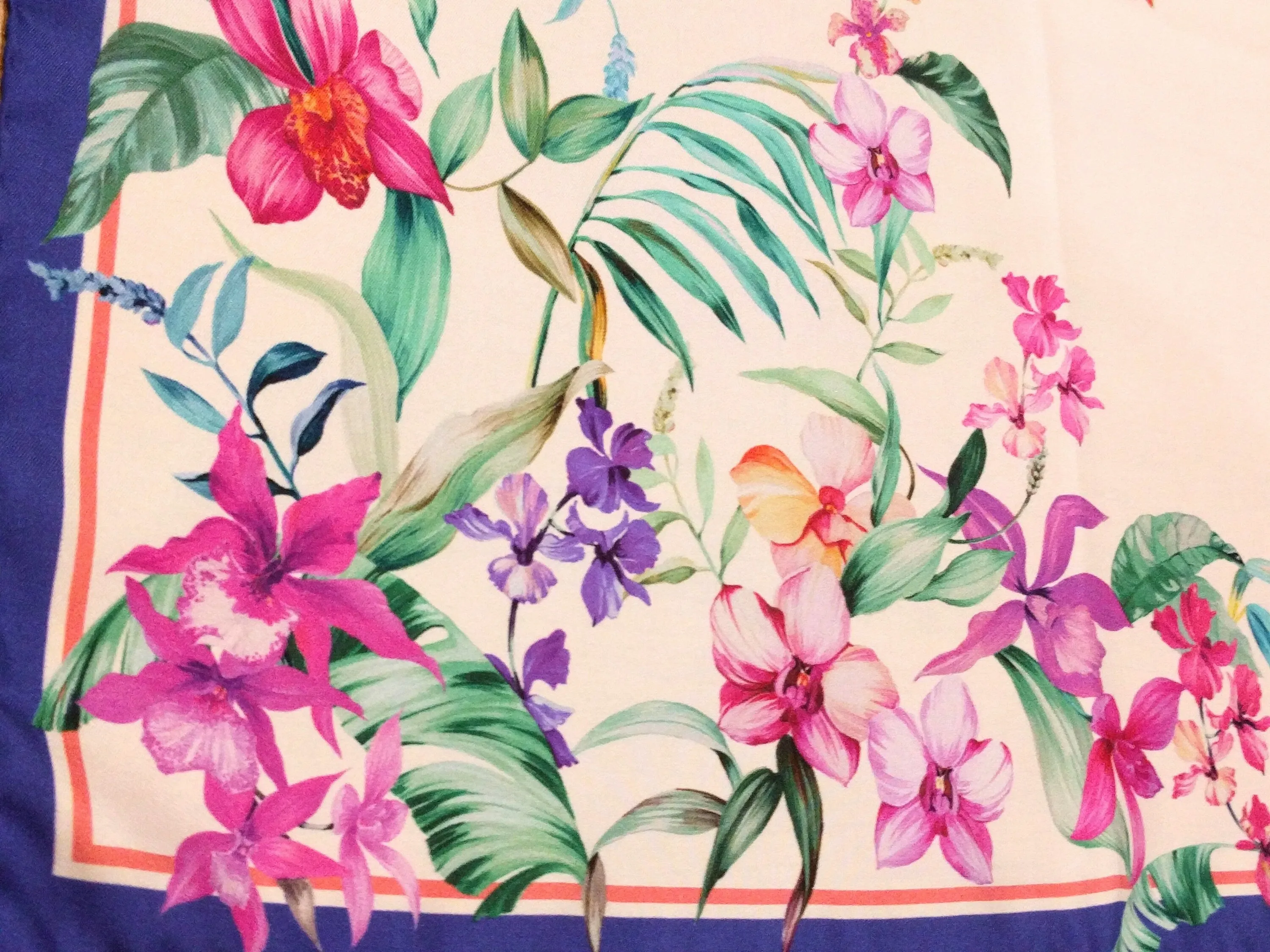 Beautiful Italian Silk Scarf – Small White Como Silk Scarf, Blue & Pink Accents, Made in Italy, 19.5" Square, Rolled Edges