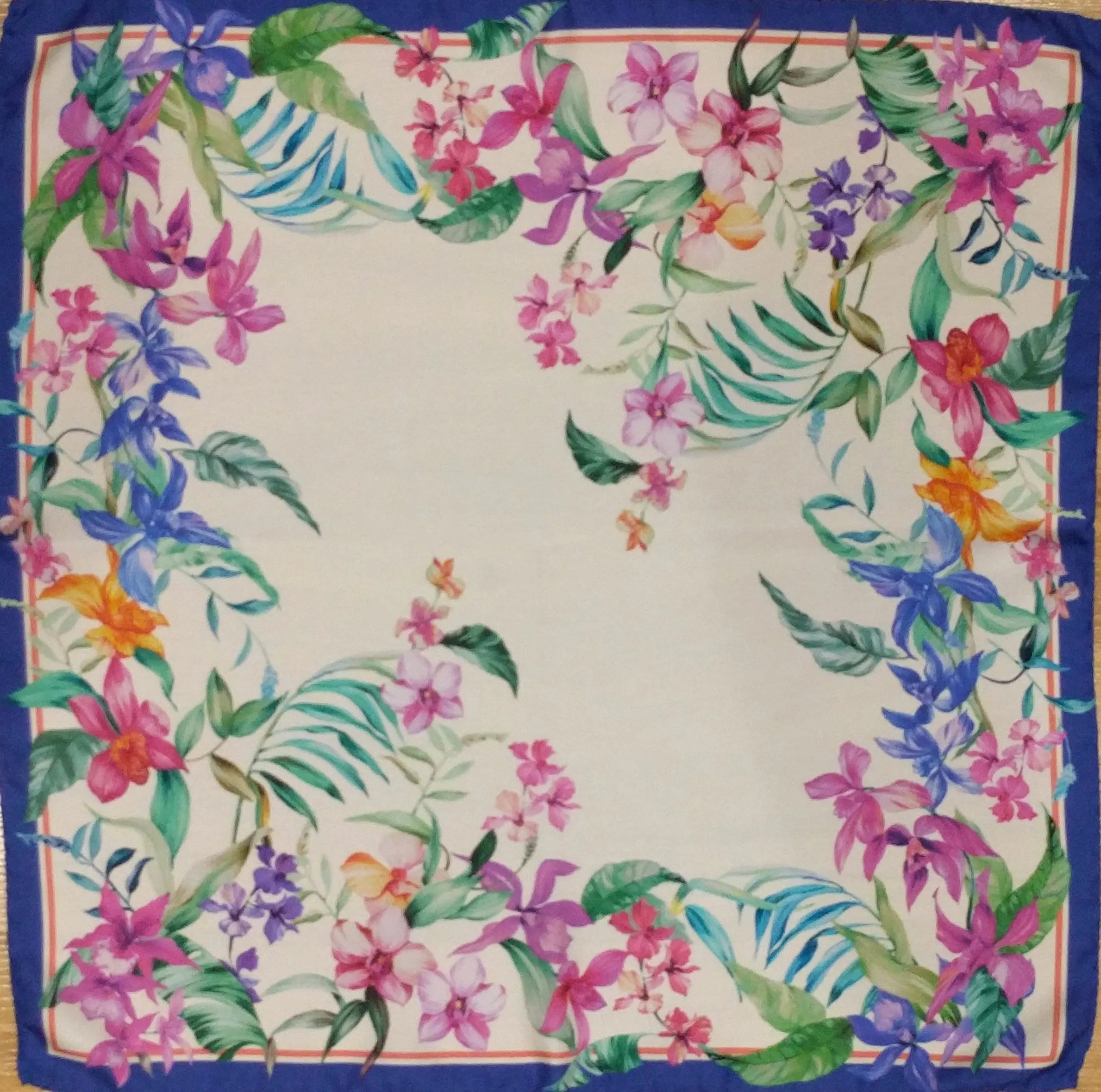 Beautiful Italian Silk Scarf – Small White Como Silk Scarf, Blue & Pink Accents, Made in Italy, 19.5" Square, Rolled Edges