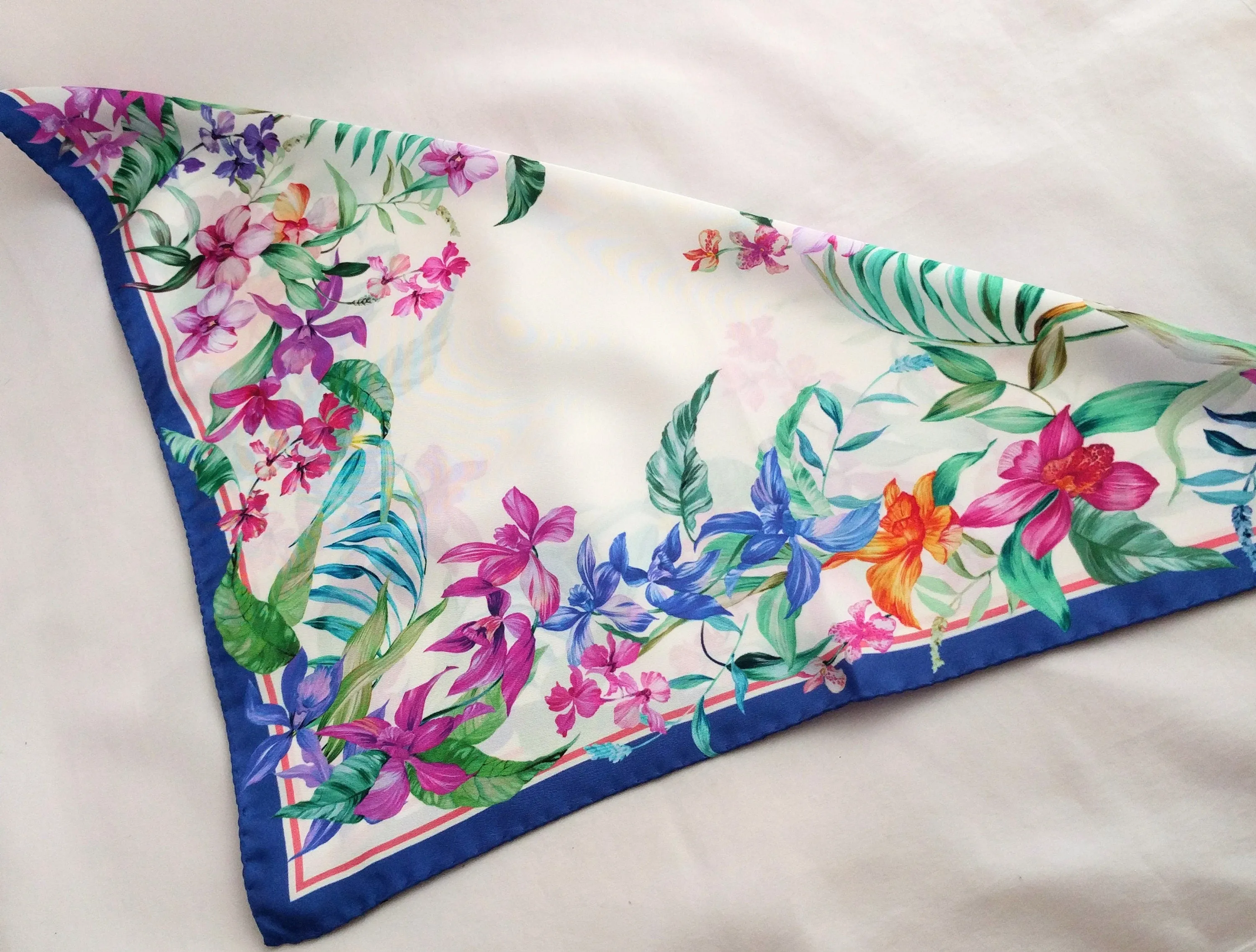 Beautiful Italian Silk Scarf – Small White Como Silk Scarf, Blue & Pink Accents, Made in Italy, 19.5" Square, Rolled Edges