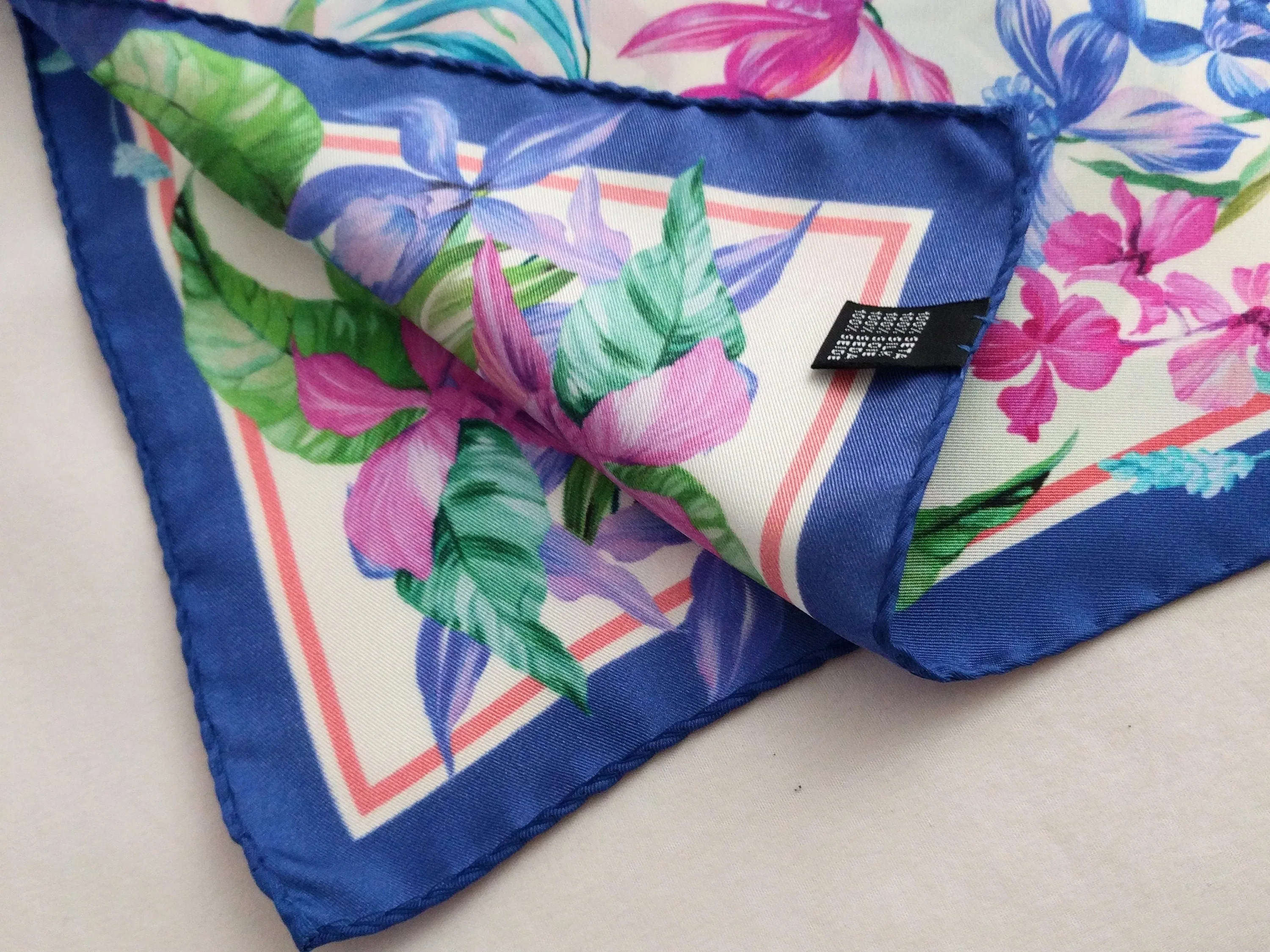 Beautiful Italian Silk Scarf – Small White Como Silk Scarf, Blue & Pink Accents, Made in Italy, 19.5" Square, Rolled Edges