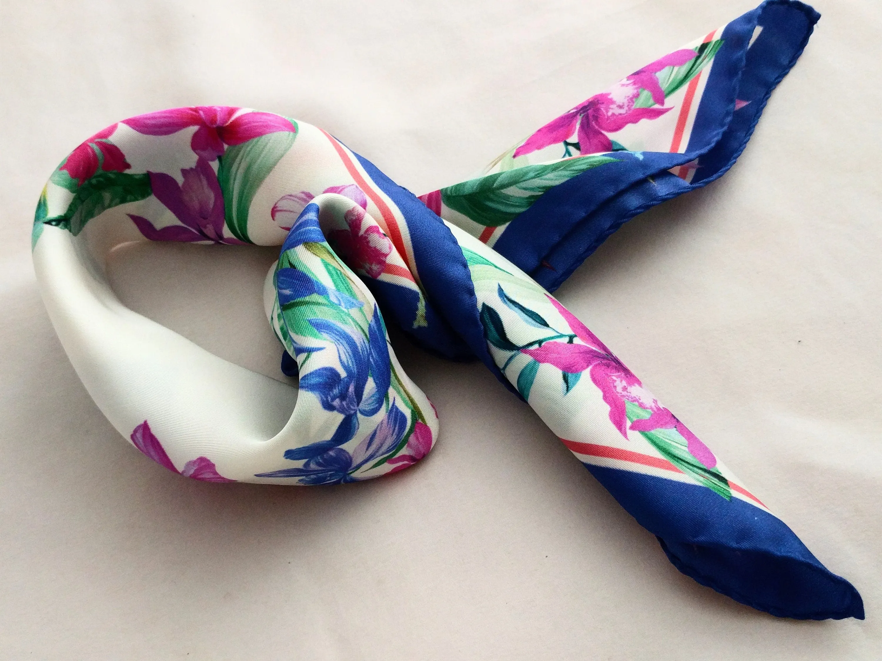 Beautiful Italian Silk Scarf – Small White Como Silk Scarf, Blue & Pink Accents, Made in Italy, 19.5" Square, Rolled Edges