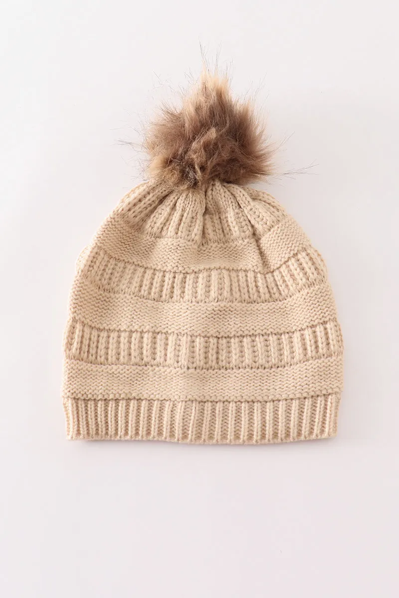 Beige Pompom Cable Beanie